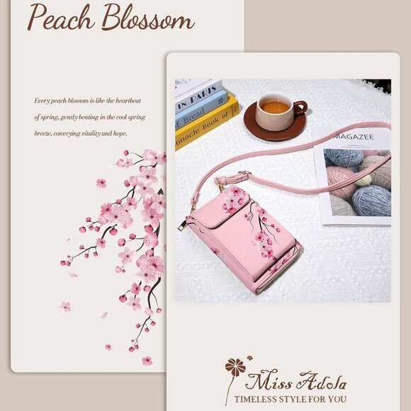 Peach Blossom Crossbody Wallet - Stylish Bag with Spacious Cell Phone Pocket - Picture 2 of 6